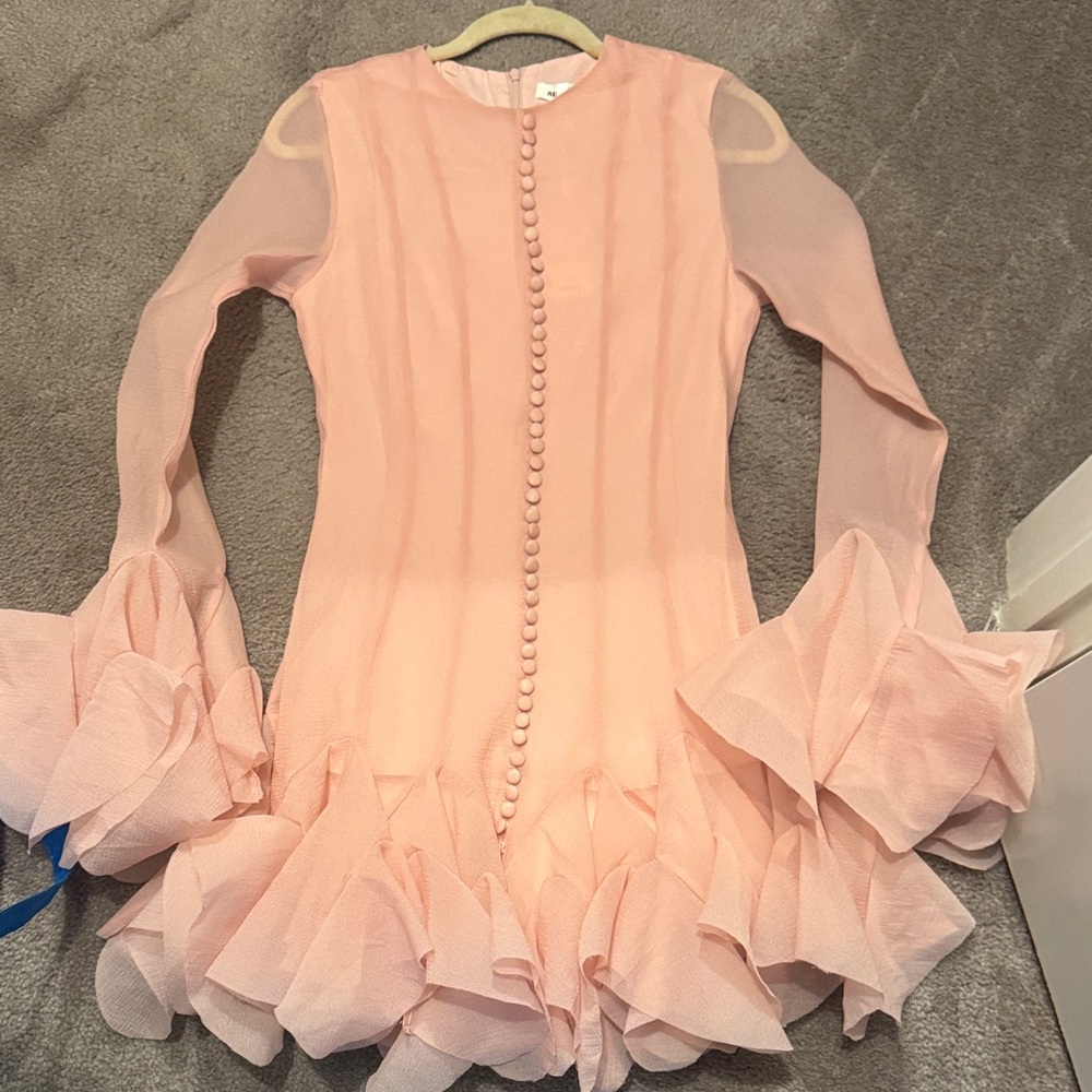 Elegant Pink Ruffled Long Sleeve Dress
